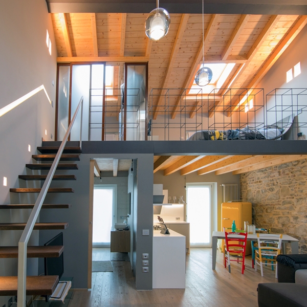 An industrial attic with wooden interior