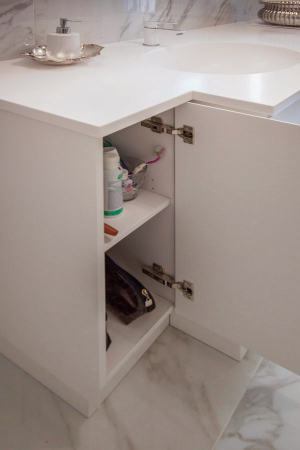 opening bathroom cabinet door internal shelves