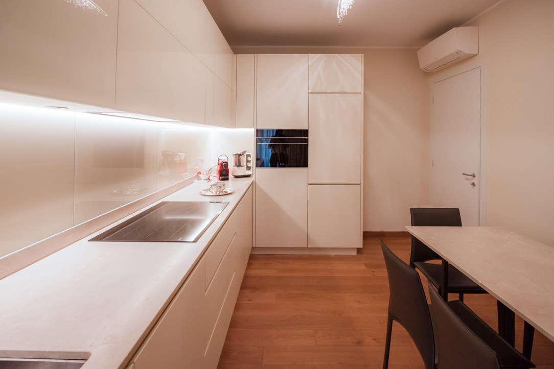 modern cream colored kitchen side view
