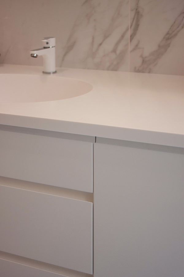 bathroom cabinet detail drawers handle recessed corian top